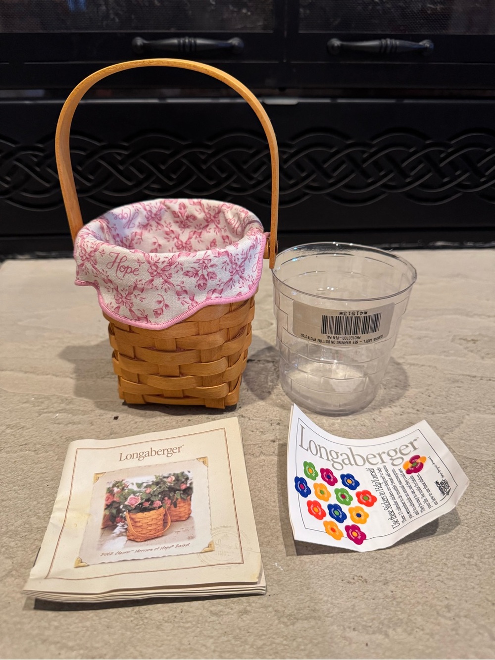 Longaberger 2002 Horizon of Hope Wood Basket, Pink Floral Liner, and protector